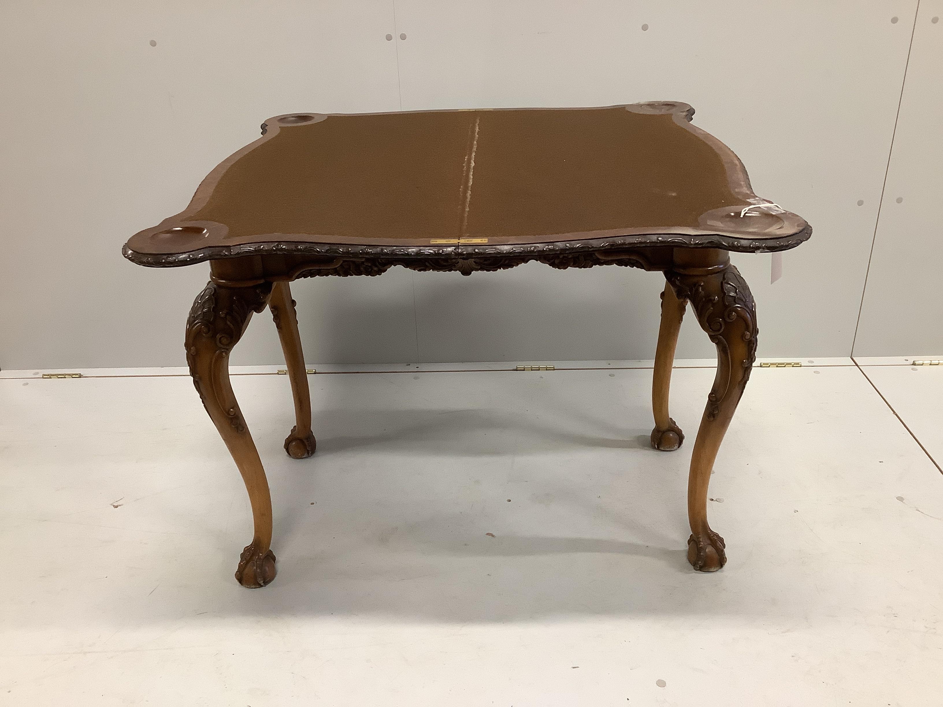 An early 20th century Chippendale Revival burr walnut folding card table, width 92cm, depth 48cm, height 78cm